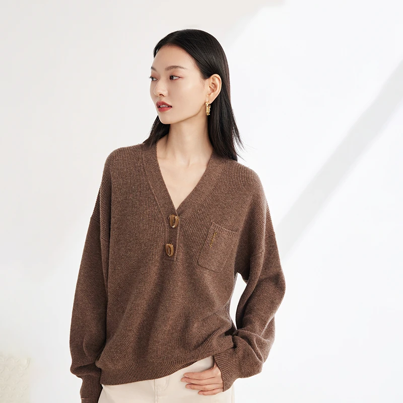 EP YAYING雅莹女装 V领宽松牦牛绒针织衫 秋装新款9577A