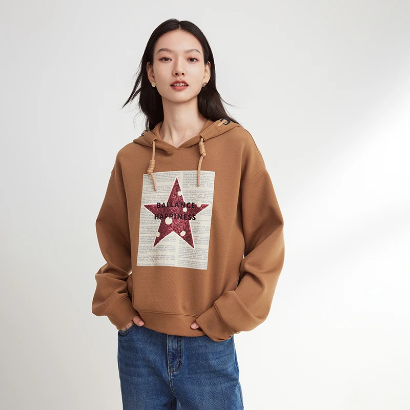 EP YAYING雅莹女装 时尚减龄刺绣宽松连帽卫衣 秋装新款5221A