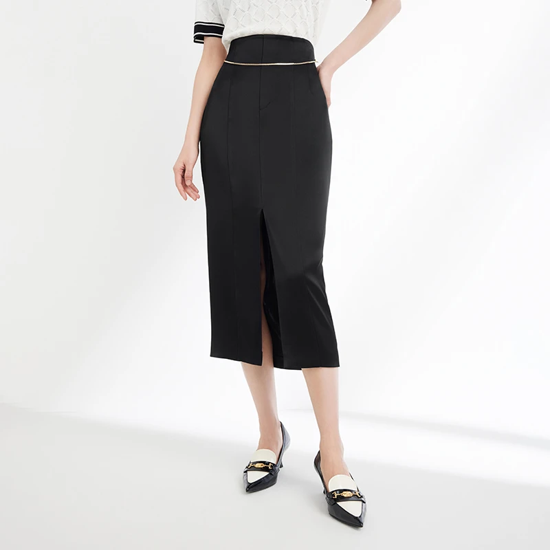 EP YAYING雅莹女装 时尚腰链开叉三醋酸半身裙 夏装新款3510A