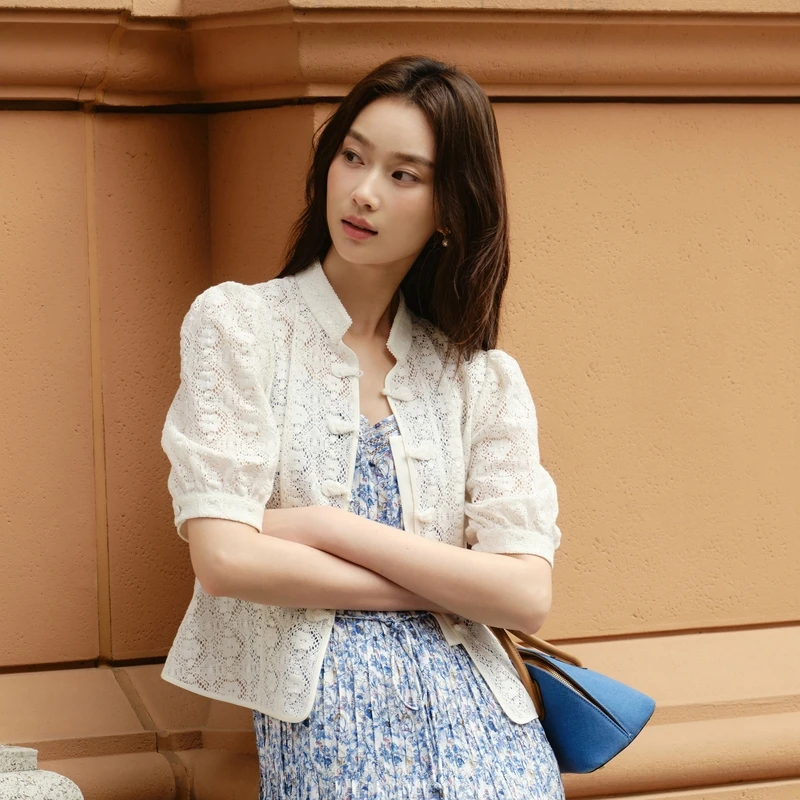 EP雅莹国风 棉感蕾丝镂空新中式立领盘扣衬衫女 春装新2217B