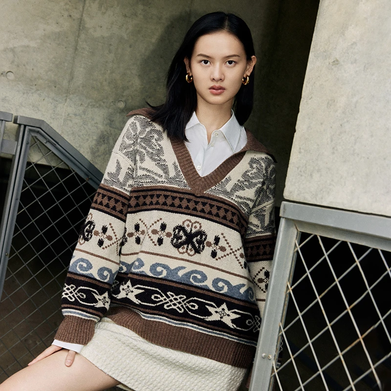 [牦牛绒]EP雅莹女装 国风提花羊毛叠穿V领针织衫 秋冬9535A