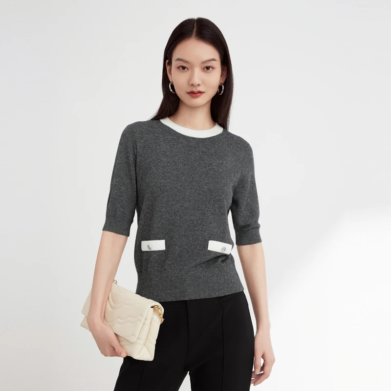 EP YAYING雅莹女装 小香风棉羊毛短袖针织衫 秋冬新款9559A