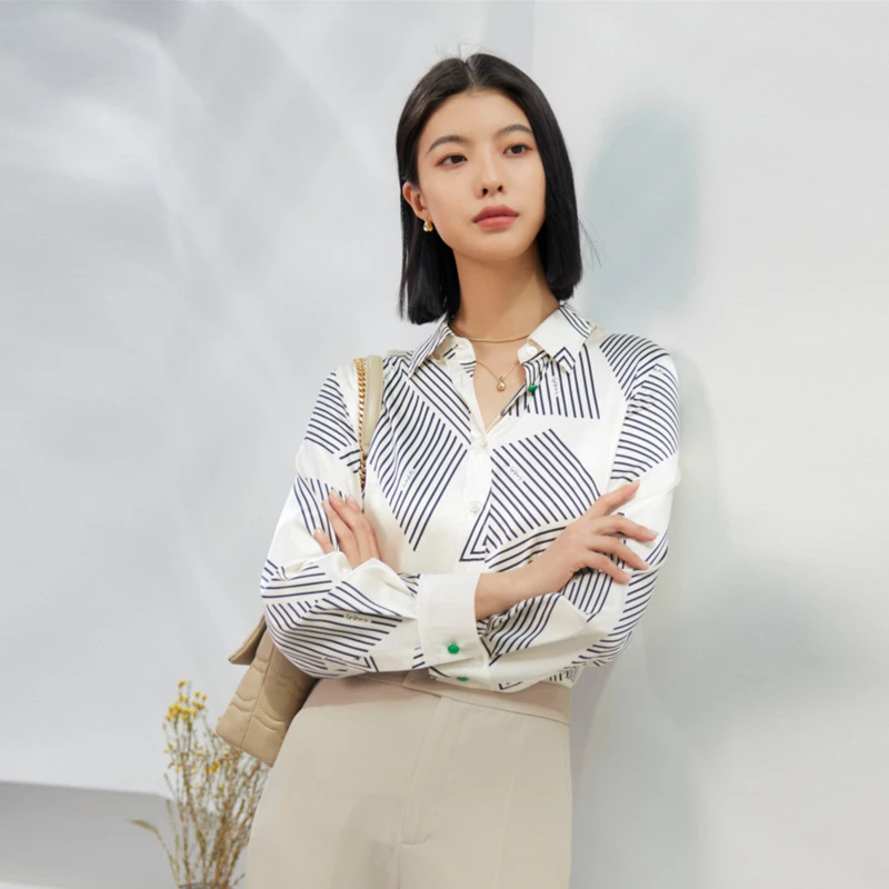 EP YAYING雅莹女装 桑蚕丝职场OL条纹拼接衬衫 新款2115A