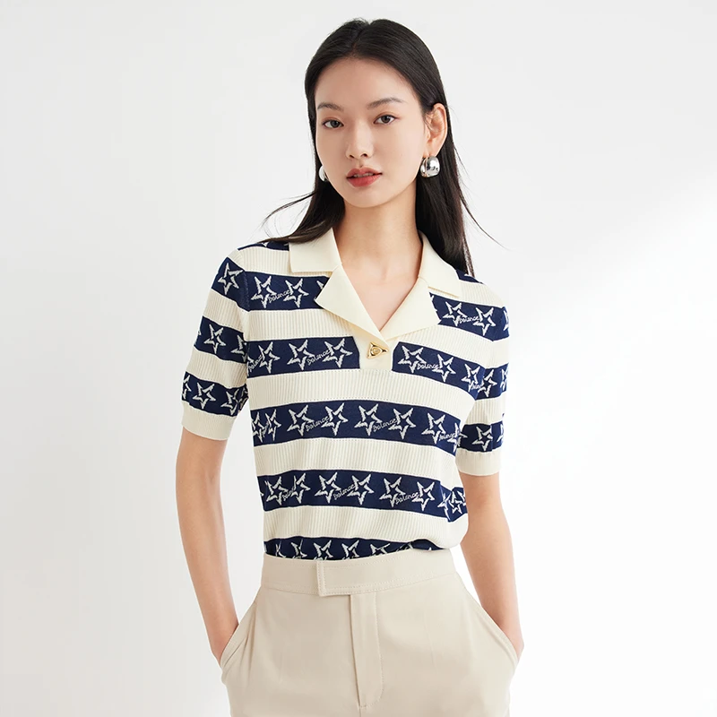 EP YAYING雅莹女装 丝光棉POLO领短款针织衫 春装新款9536A