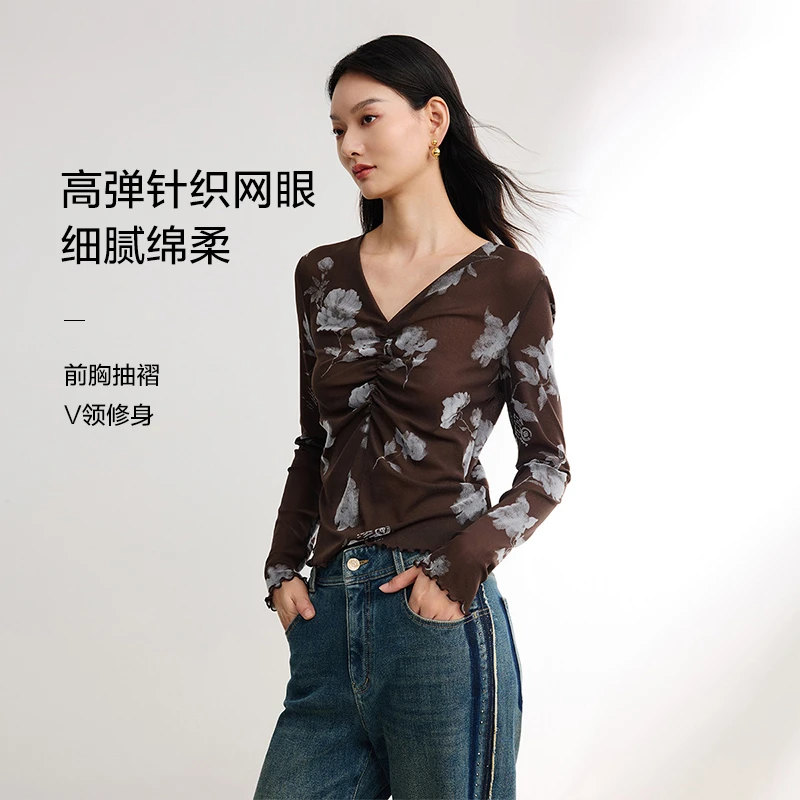 EP雅莹女装 修身显瘦印花网眼内搭打底上衣 秋冬新品5513A