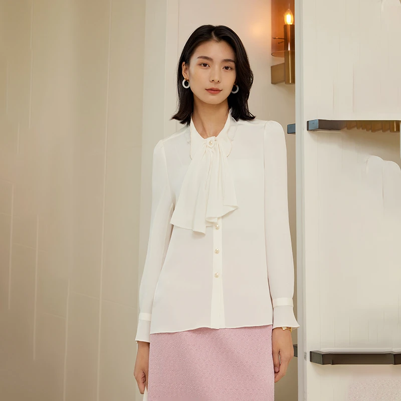 EP雅莹高端系列 宫廷风蝴蝶领结桑蚕丝白色衬衫 新品2208A