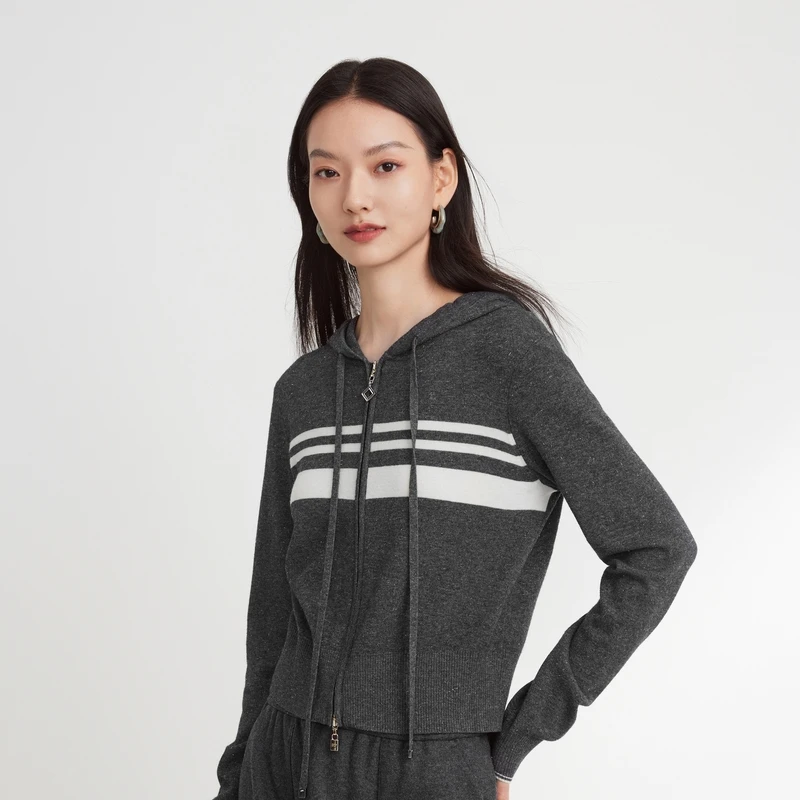 EP YAYING雅莹女装 撞色条纹连帽针织开衫 秋冬新款9116A