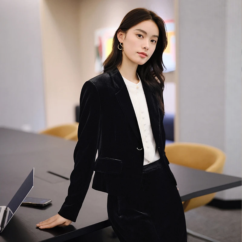 EP雅莹女装 收腰蚕丝西装 一粒扣丝绒正装外套  早春新品1116A