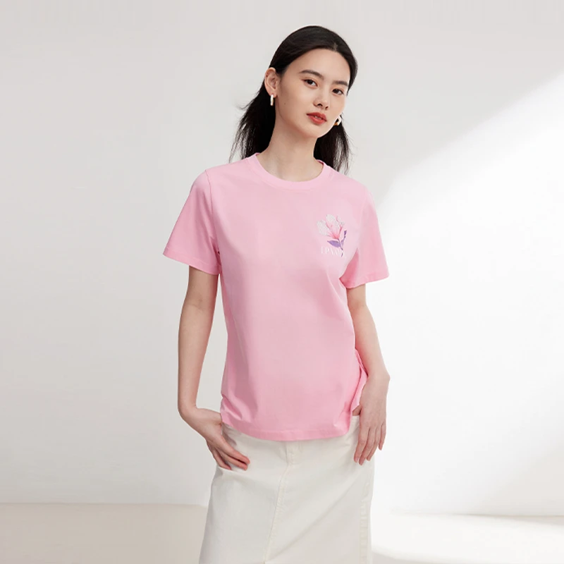 EP YAYING雅莹女装 粉色印花棉质正肩T恤上衣 春装新款5310A