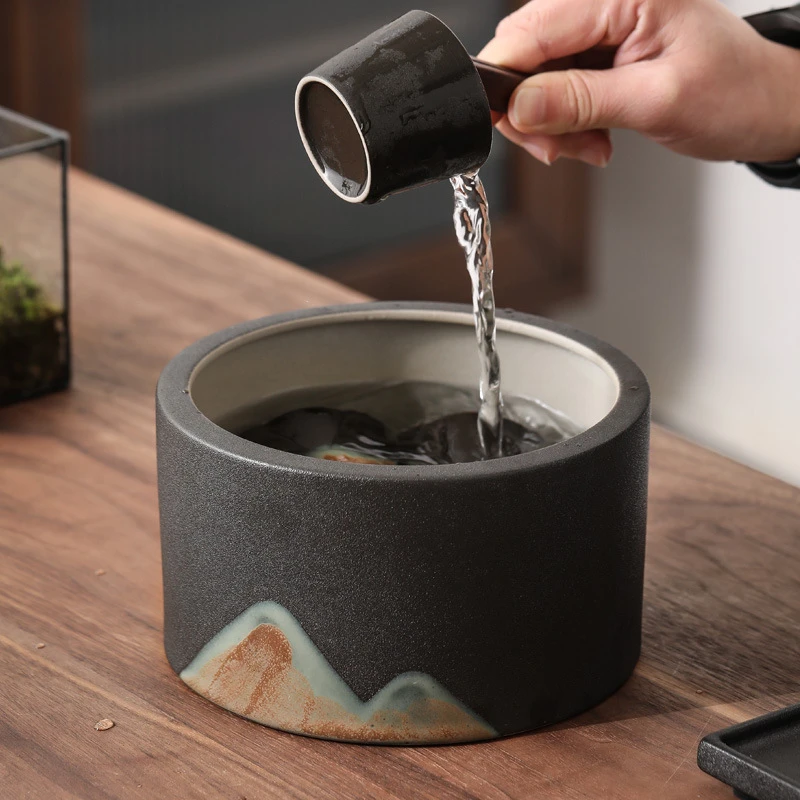 釉画彩茶洗杯洗 手工粗陶水洗水盂茶渣桶大小号圆形功夫茶道零配