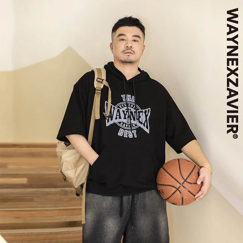 韦恩泽维尔大码运动少年感T恤男连帽宽松夏季反光印花学院风8786