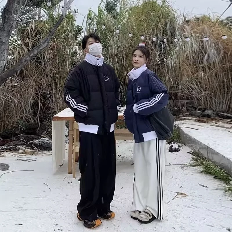 国潮牌棉衣棉服男女2023冬街头情侣美式拼接宽松运动条纹撞色棉服