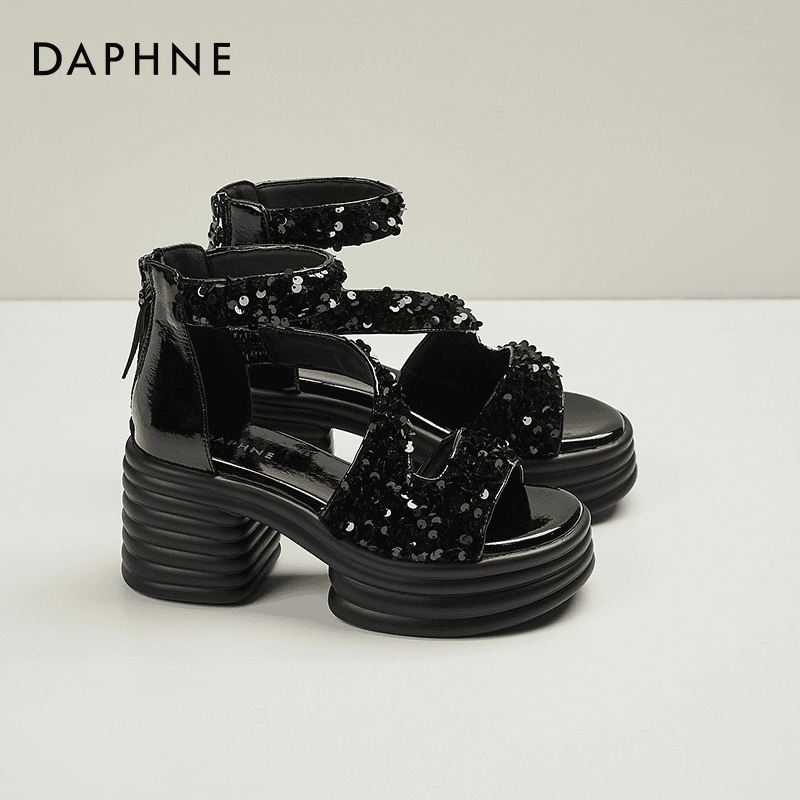 达芙妮鱼嘴凉鞋女2024新款夏季外穿时尚亮片粗跟防水台包跟罗马鞋