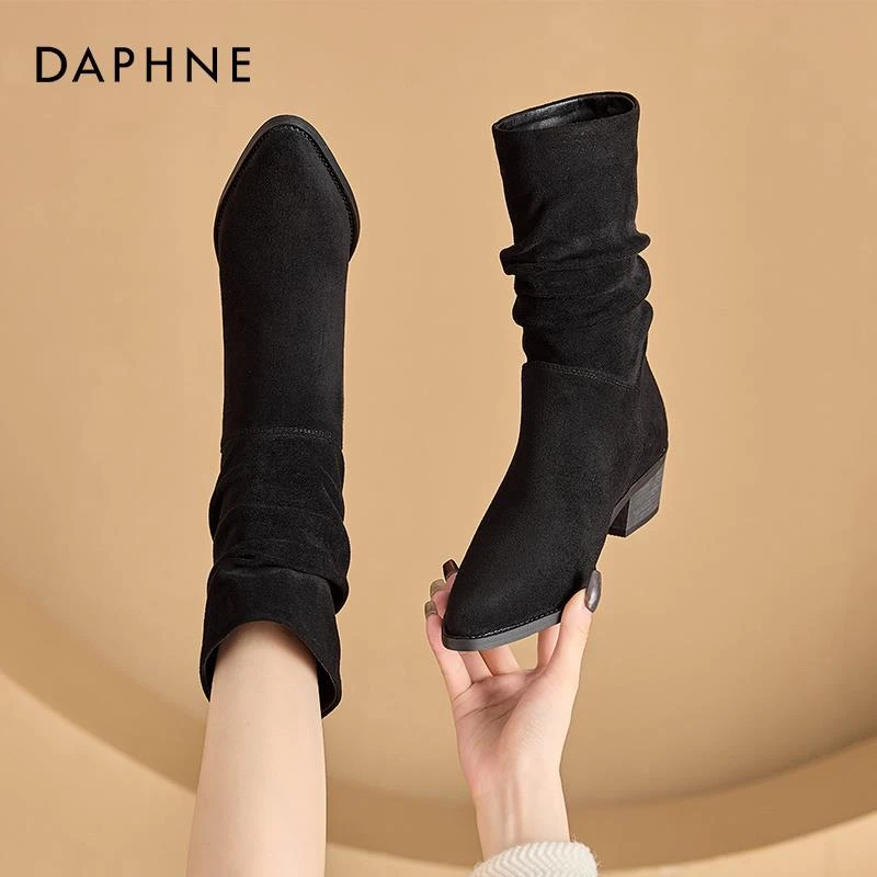 Daphne/达芙妮 西部牛仔堆堆靴女2024年春秋新款骑士靴复古马丁靴