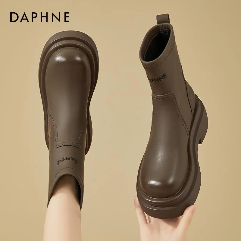 达芙妮厚底短靴女切尔西靴烟筒靴瘦瘦靴2025新款秋冬季加绒马丁靴