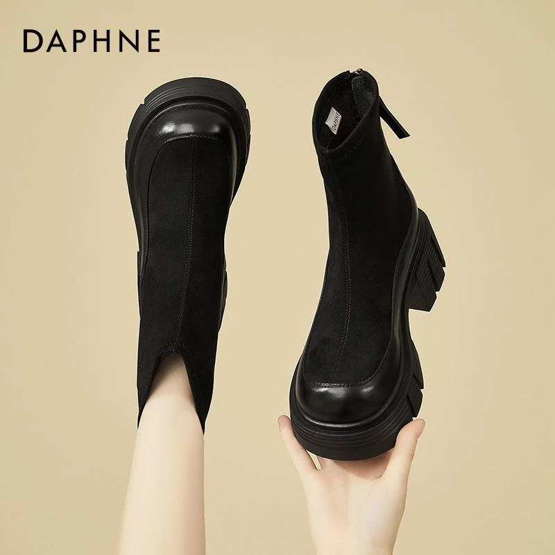 达芙妮袜靴女冬季加绒秋冬短靴2025新款黑色弹力瘦瘦靴厚底马丁靴