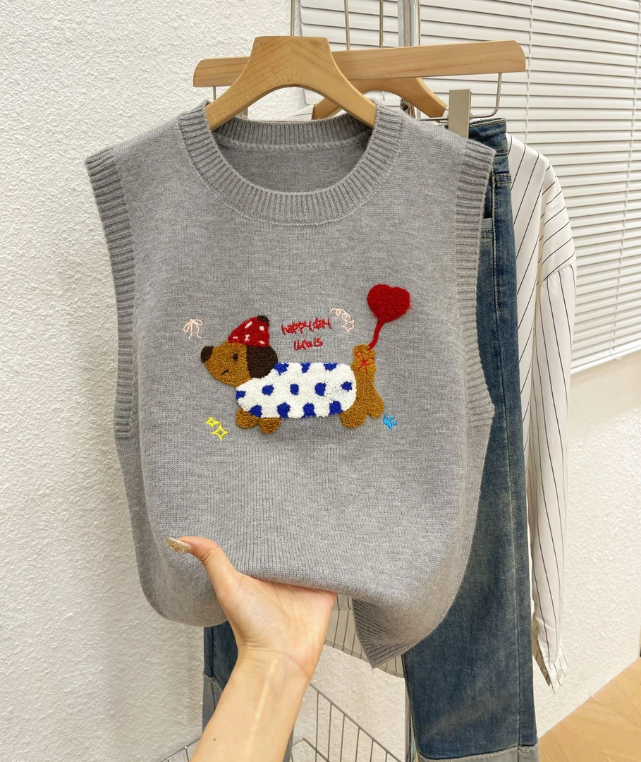 可爱气球小狗马甲针织背心女内搭叠穿春秋新款减龄学院风软糯马夹