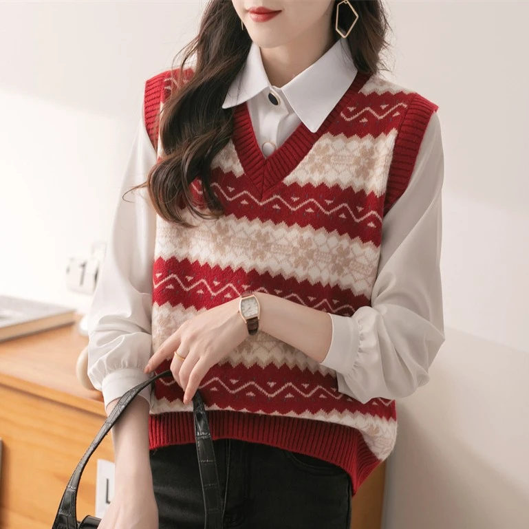 圣诞雪花毛衣背心女内搭秋冬加厚中国红V领宽松针织马甲外穿洋气