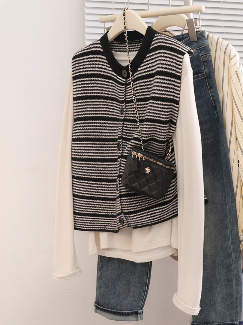 春季新款经典黑白条纹圆领马甲女外搭开衫马夹韩版休闲时尚外套