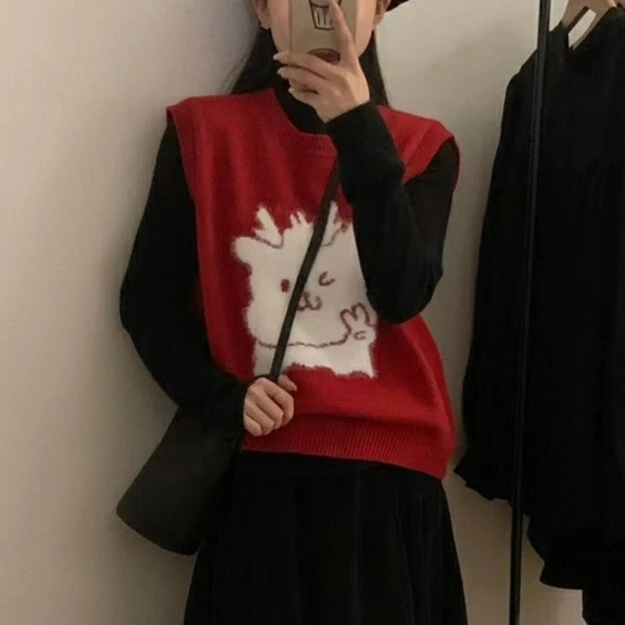 新年本命年红色毛衣背心女卡通动漫刺绣植绒秋冬百搭马甲女士外搭