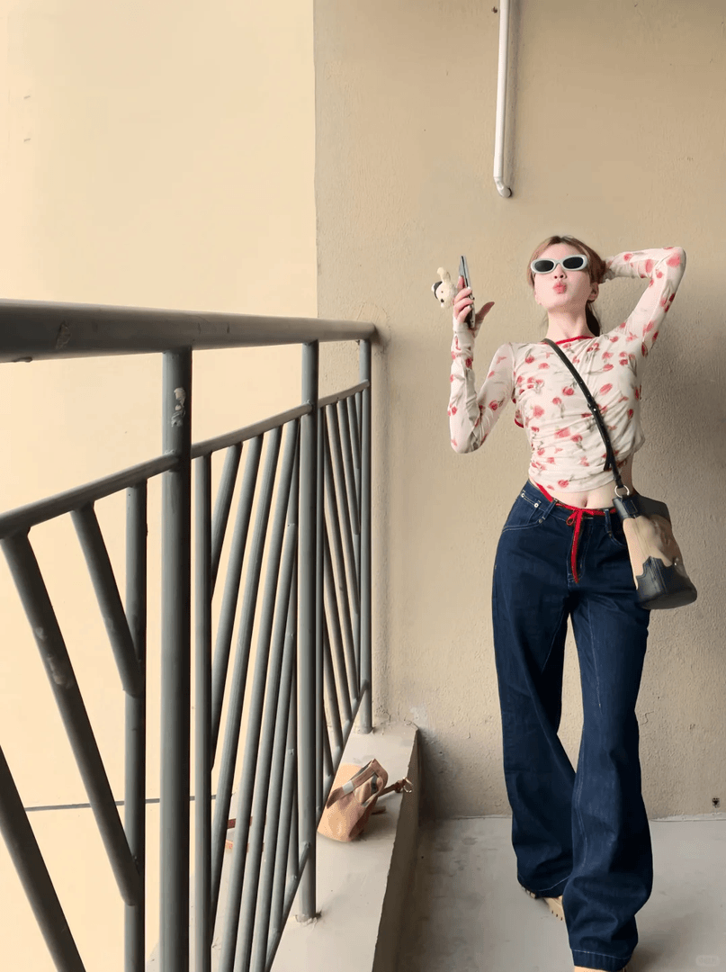 复古浪漫玫瑰印花修身上衣撞色网纱绑带露背薄款长袖打底衫碎花