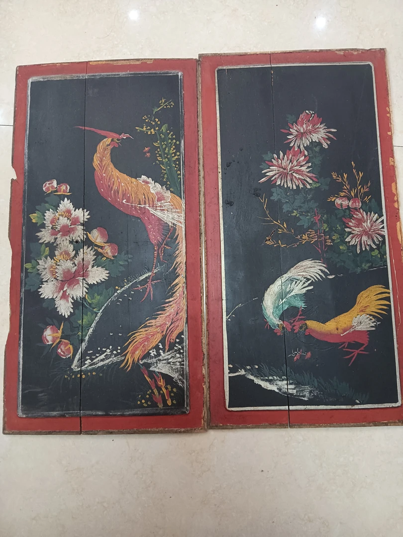 民国木制拼板，漆画花鸟一对