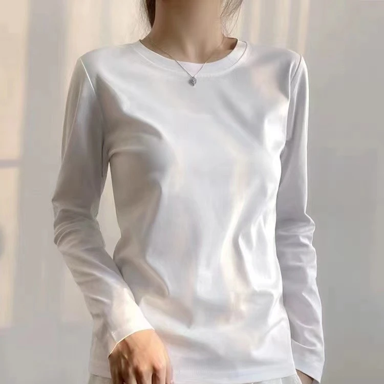 100%水柔棉（如丝如缎）精致女人白小T恤-百搭长袖打底衫-FN-606