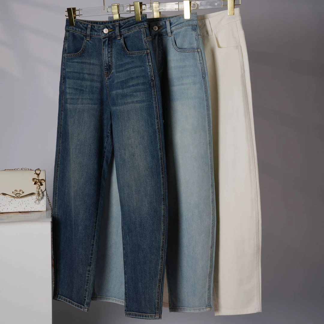【口碑经典】外贸桑蚕丝镰刀阔腿牛仔裤女水洗高腰显瘦弯刀裤JX-K07