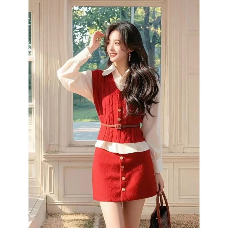 红色针织马甲女上衣秋冬圣诞学院风衬衫气质半身裙韩系穿搭三件套