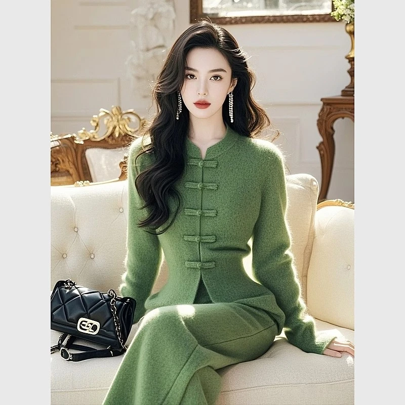 新中式国风盘扣毛衣阔腿裤套装女2024秋冬新款休闲气质女装两件套