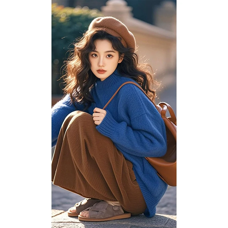 裤子女秋冬慵懒松弛感阔腿裤2024新款女蓝色针织长袖毛衣两件套装