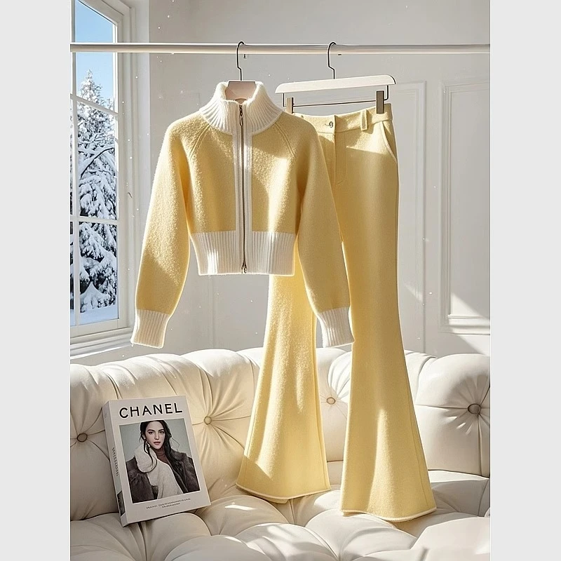 2024冬季韩系搭配一整套漂亮女装名媛高端黄色针织上衣微喇裤套装