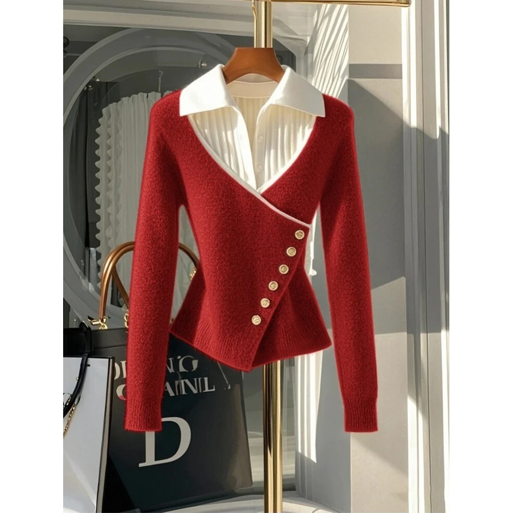 冬季2024年新款流行高级感超好看设计感小香风红色假两件针织毛衣