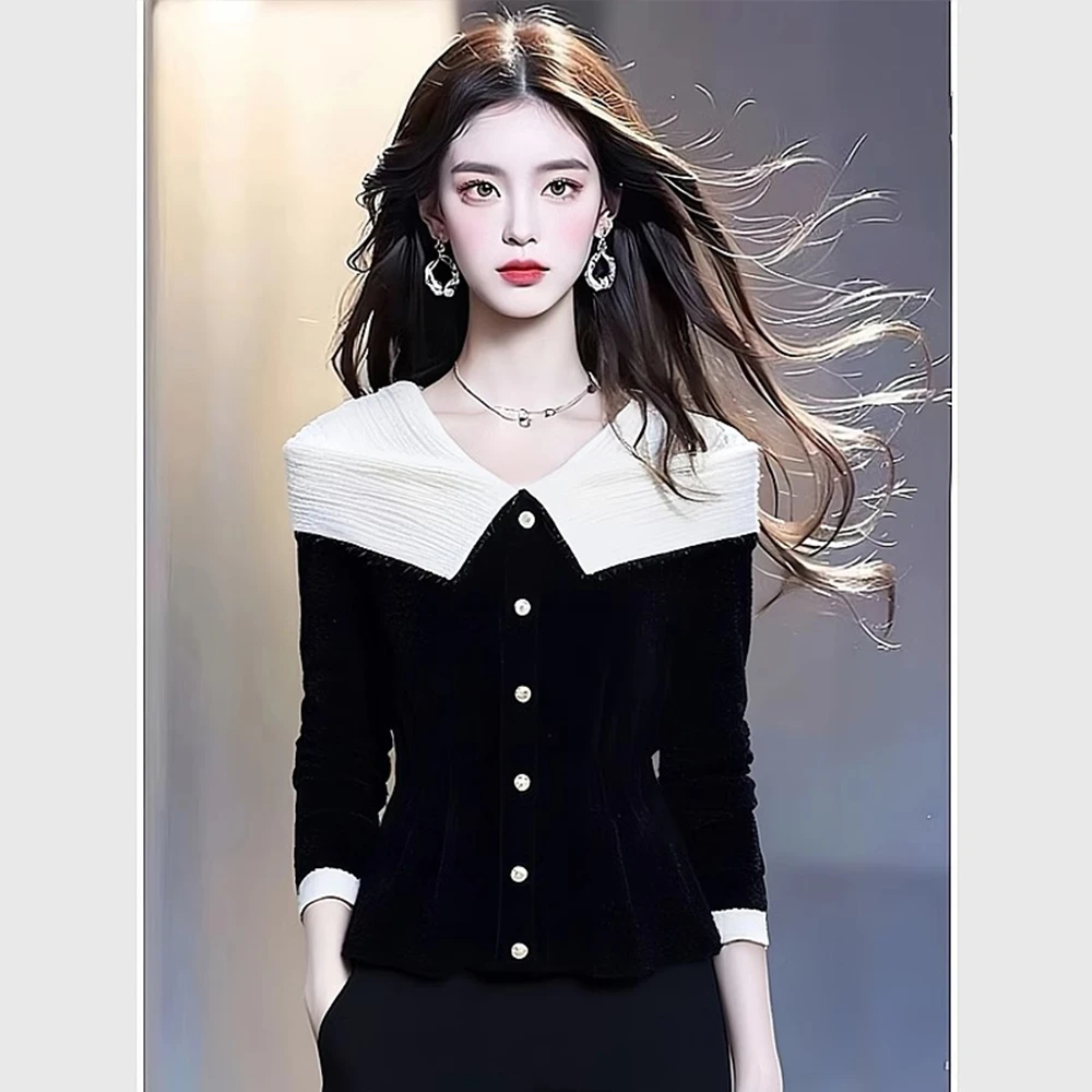 独特超好看黑白拼色毛衣女外穿2024冬季时尚洋气收腰打底针织上衣