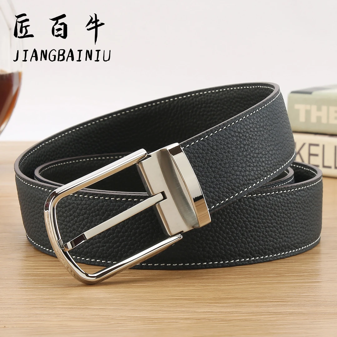 匠百牛皮带男士双面头层牛皮不锈钢针扣高档时尚荔枝纹潮流裤腰带