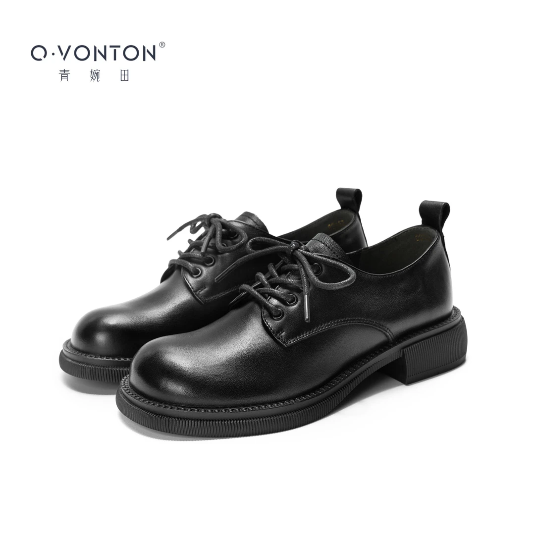 【小牛皮】青婉田春秋百搭小皮鞋女英伦风圆头厚底时尚真皮粗跟单鞋