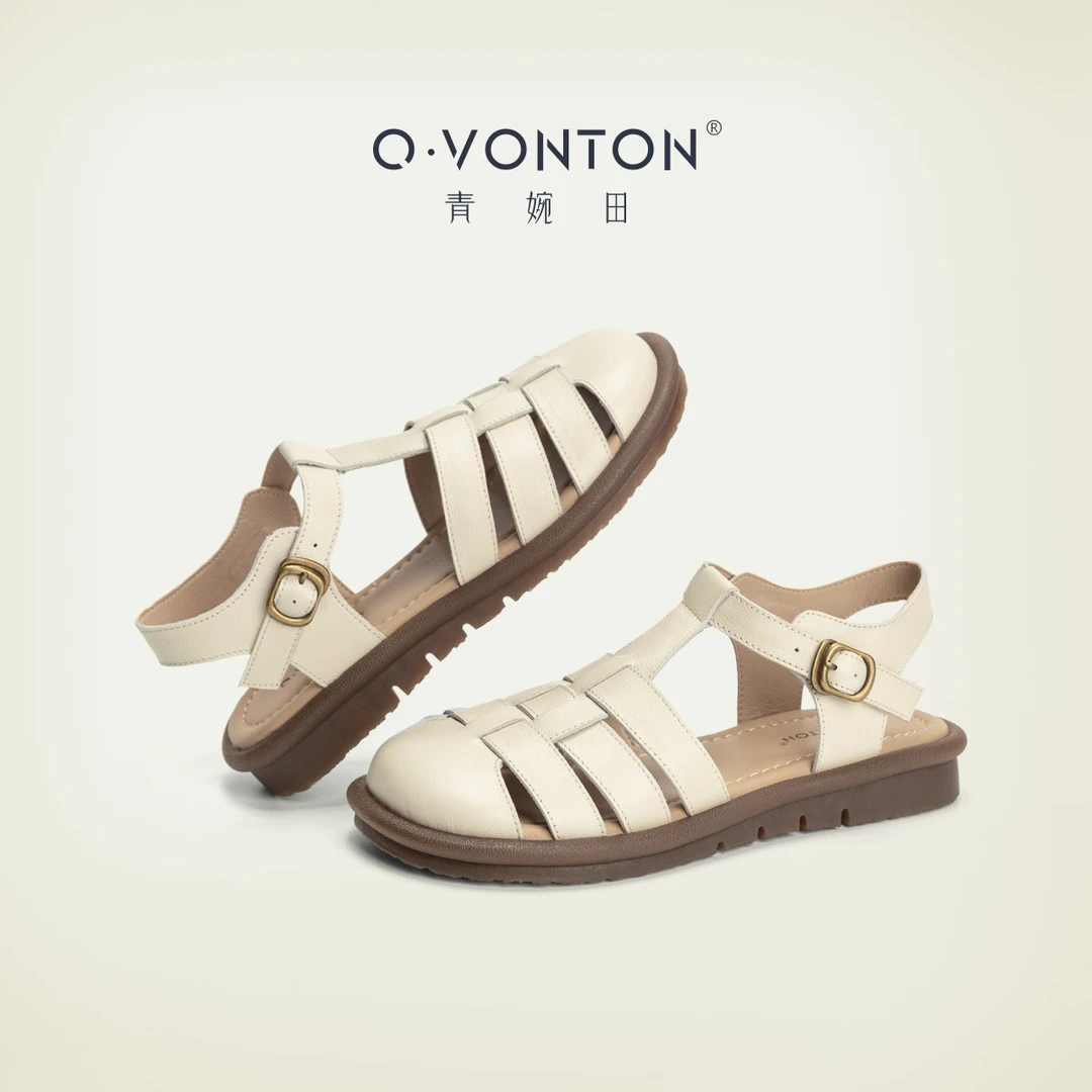 【小牛皮】青婉田真皮包头罗马凉鞋女2025夏季百搭时尚软底镂空单鞋