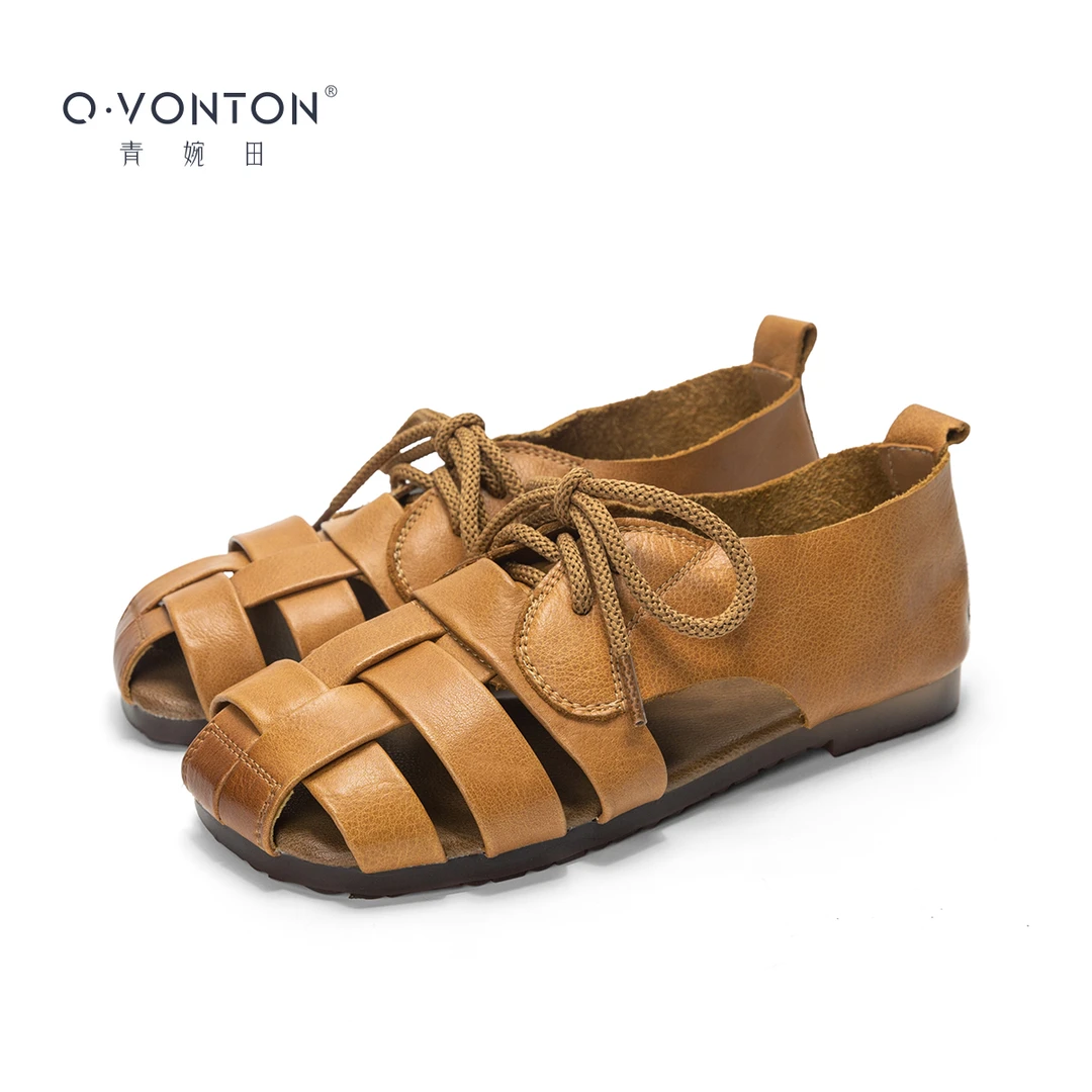【超软】青婉田真皮编织罗马凉鞋女久站不累妈妈鞋百搭包头猪笼鞋女