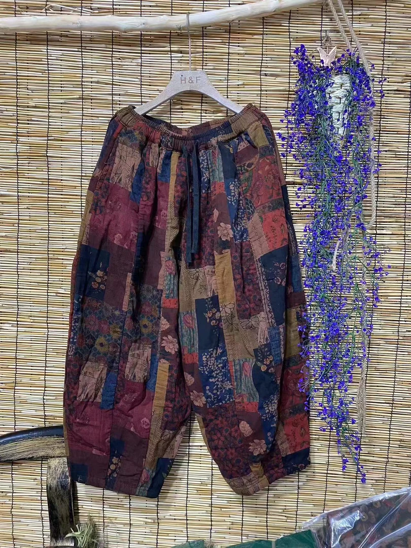 复古印花休闲裤大码松紧腰显瘦南瓜裤