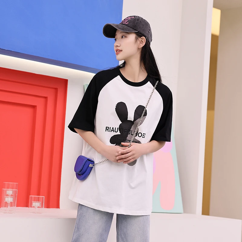 7月夏季少女t恤女2024新款夏季时尚宽松女大童短袖休闲学生上衣