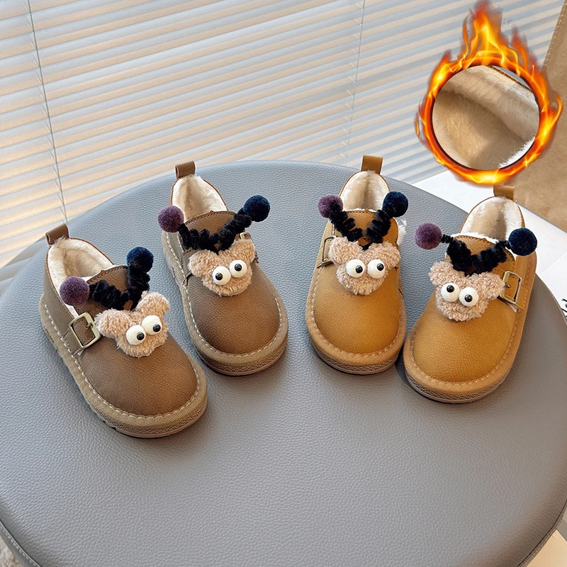 女童加绒小皮鞋2024年冬季新款可爱卡通挂件棉鞋韩版宝宝卡通鞋