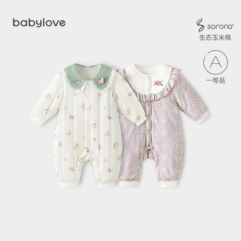 babylove婴儿连体衣秋冬款宝宝棉服纯棉碎花女宝宝夹棉保暖淑女风