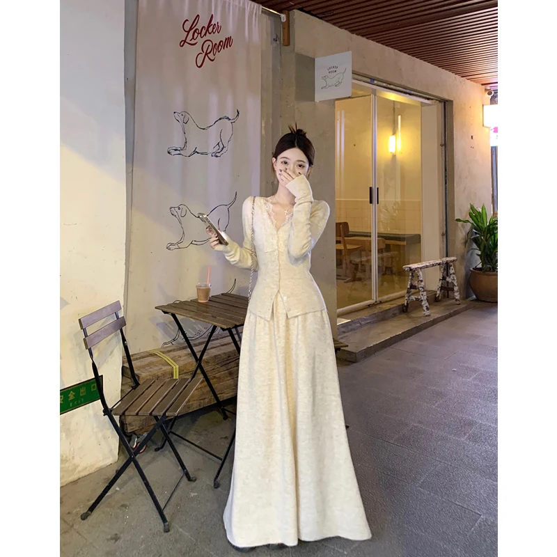 韩系时尚穿搭蕾丝v领拼接开衫毛衣女法式气质半身裙套装两件套秋