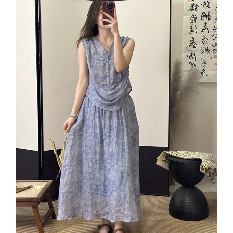 走读生【星河月溪】宽松印花苎麻晕染V领背心+晕染苎麻半身裙