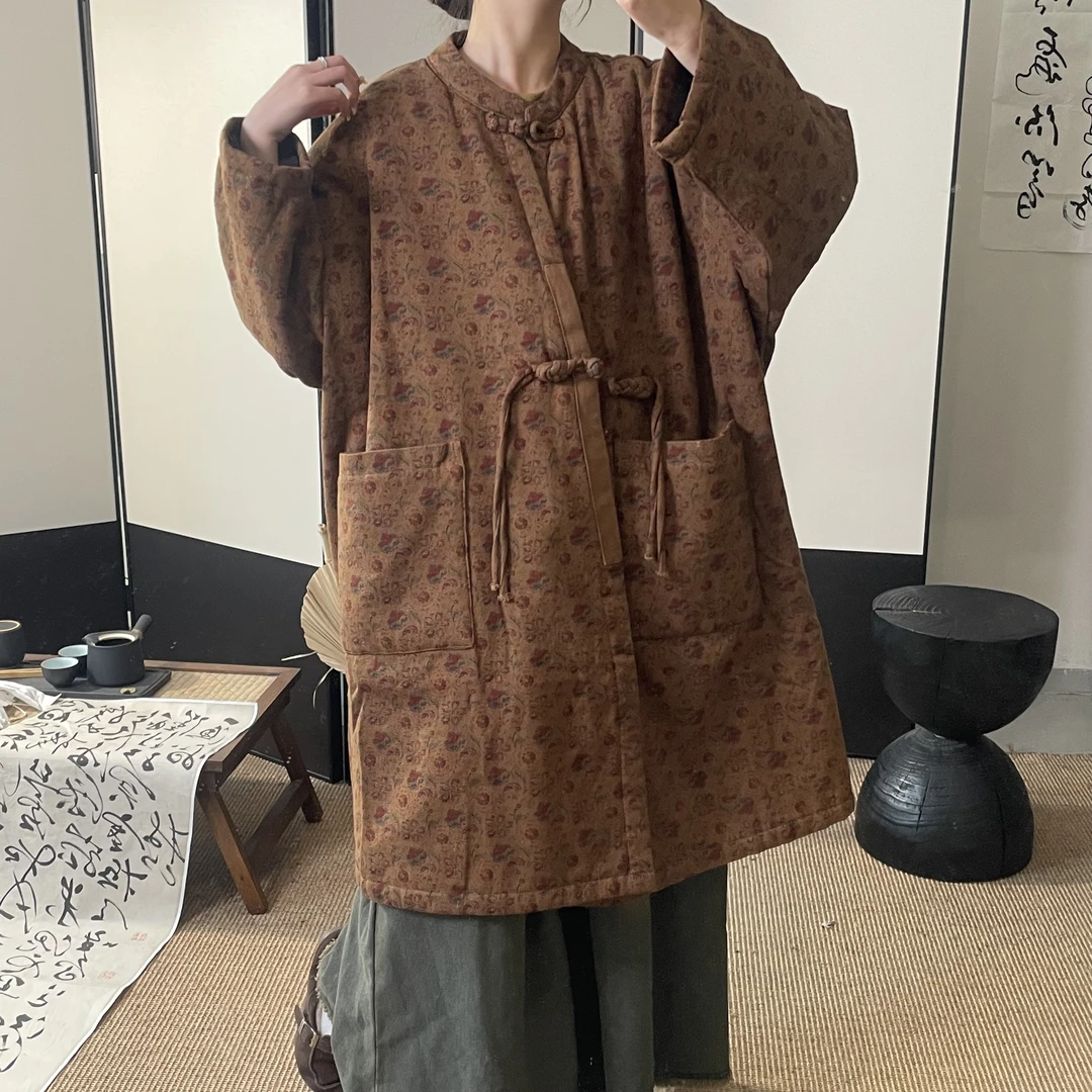 走读生冬季麻料外套女复古夹棉文艺新中式国风中盘扣袍子外套女