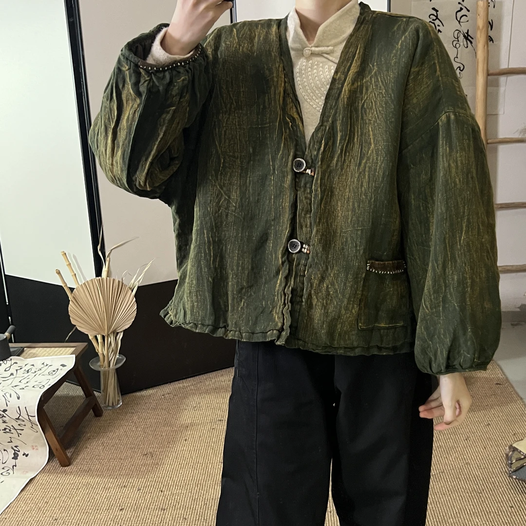 走读生新款复古小众休闲亚麻炒色手叉脏染做旧夹棉棉袄