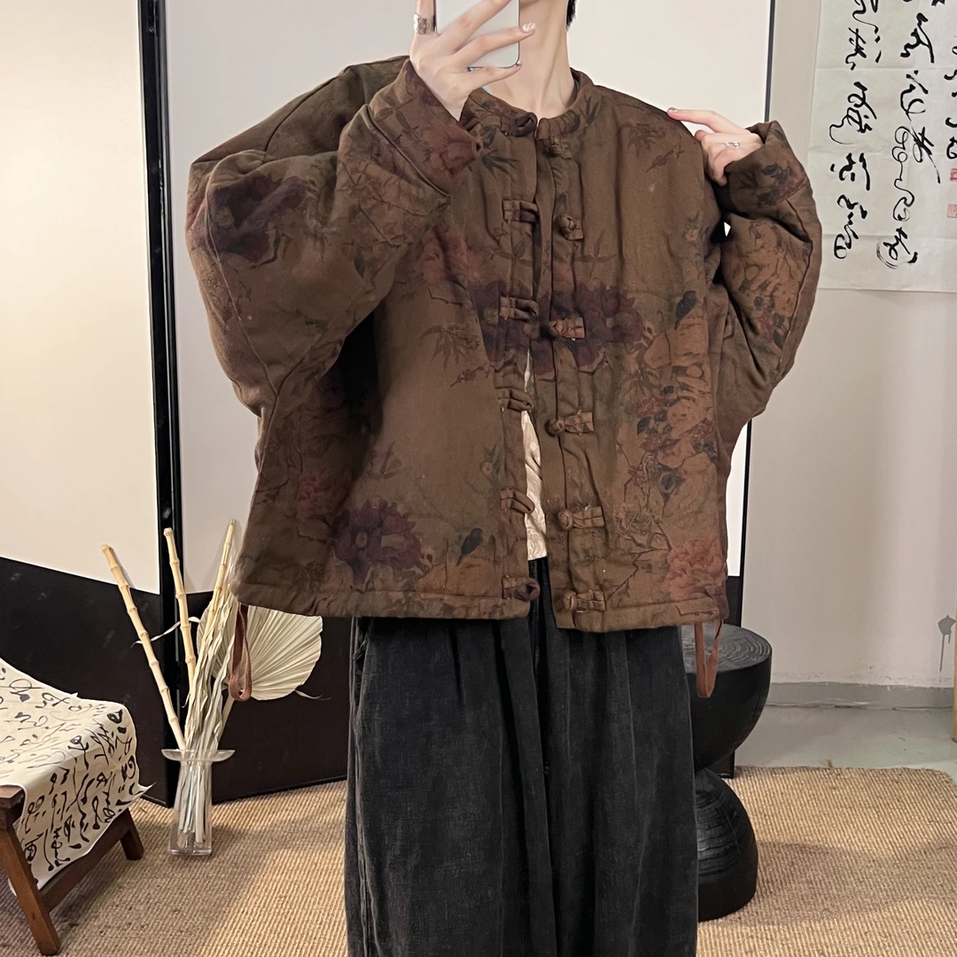 走读生冬季新款加棉复古盘扣印花百搭宽松休闲外套