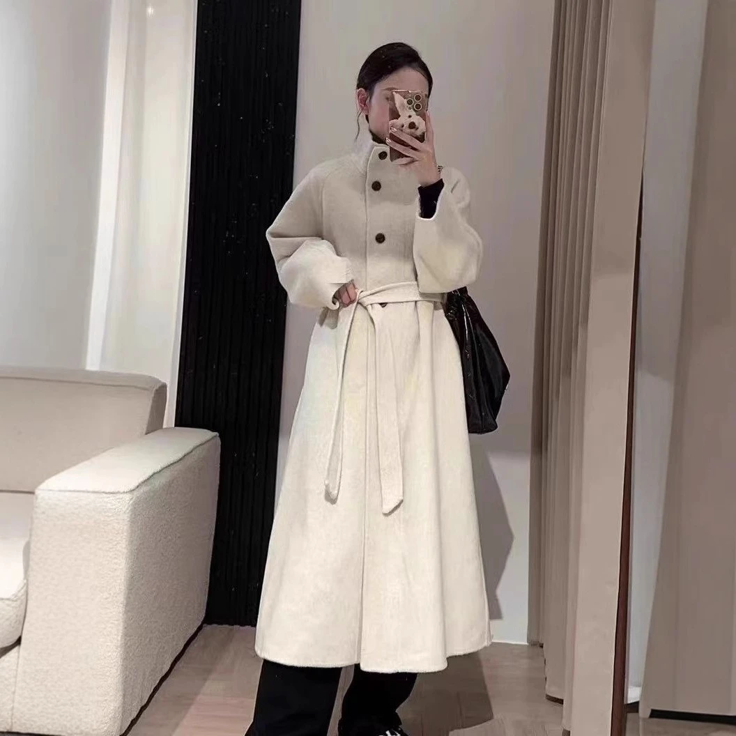 2024网红爆款纯色双面羊毛大衣秋冬高级时髦高级立领长款毛呢外套