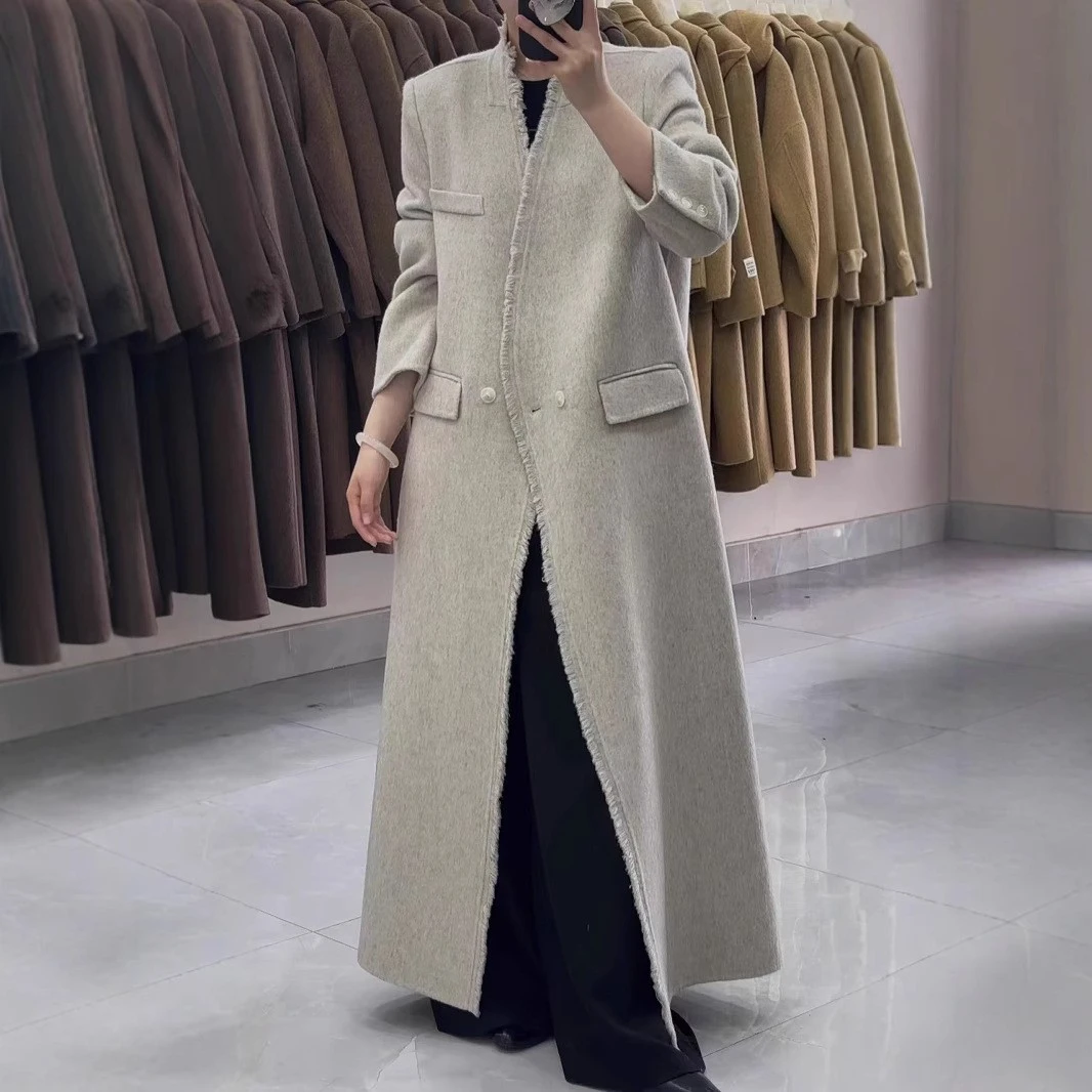 流苏拉毛V领2025秋冬双面羊毛大衣加长款垫肩时尚气质羊毛呢外套