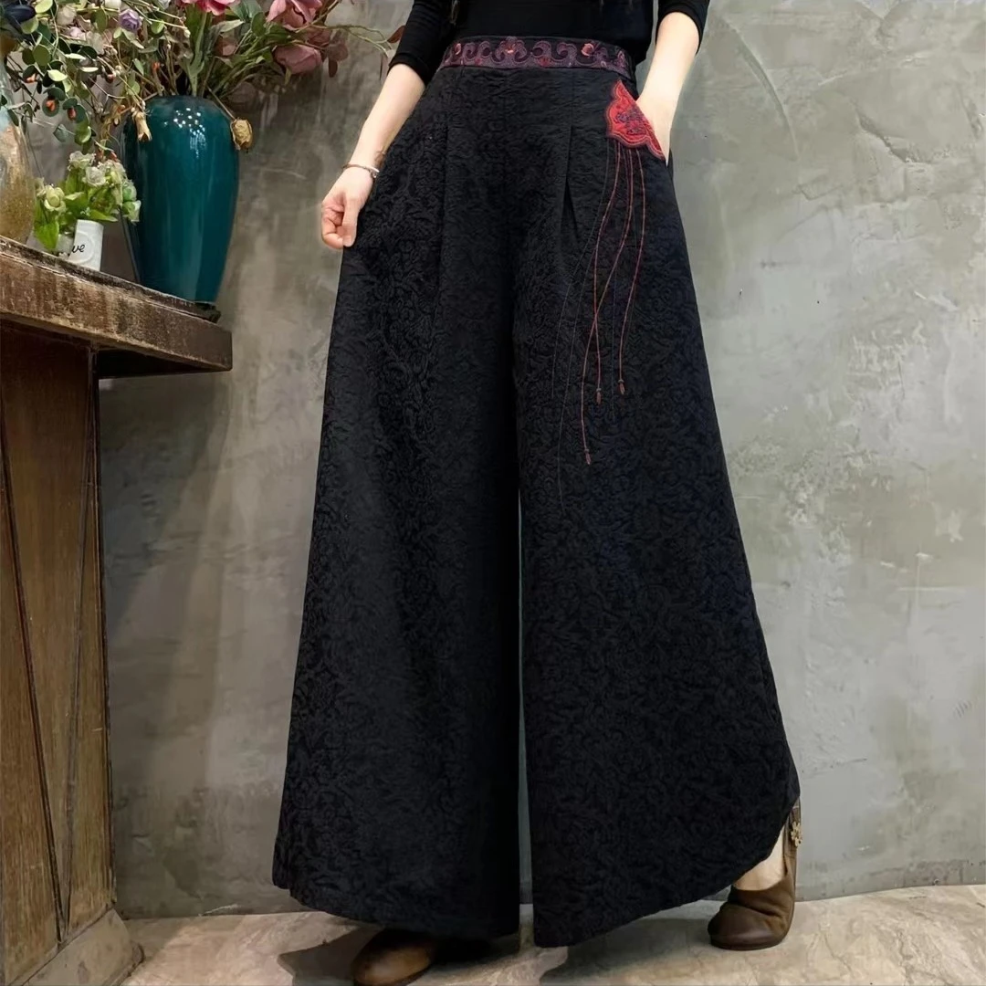 （扇片-阔腿裤）原创设计师民族风刺绣棉麻提花飘带扇显瘦阔腿裤